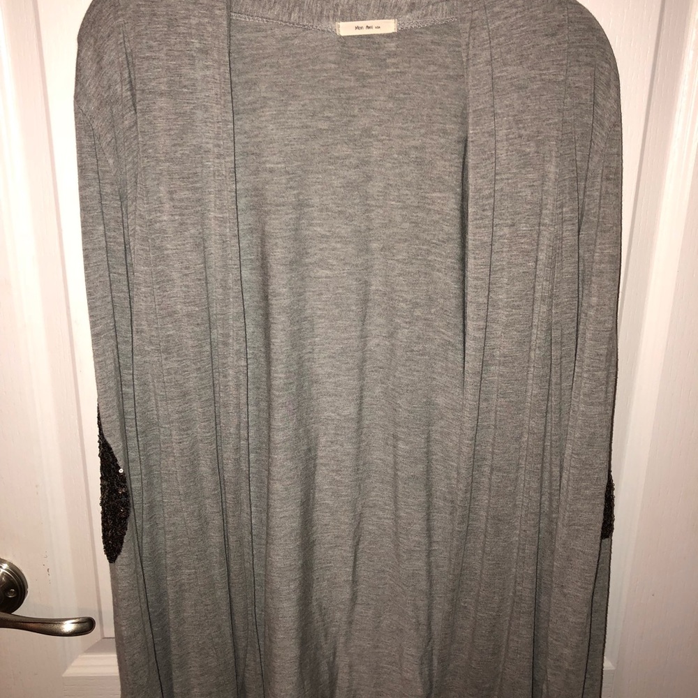 grey cardigan with sequined elbow patches